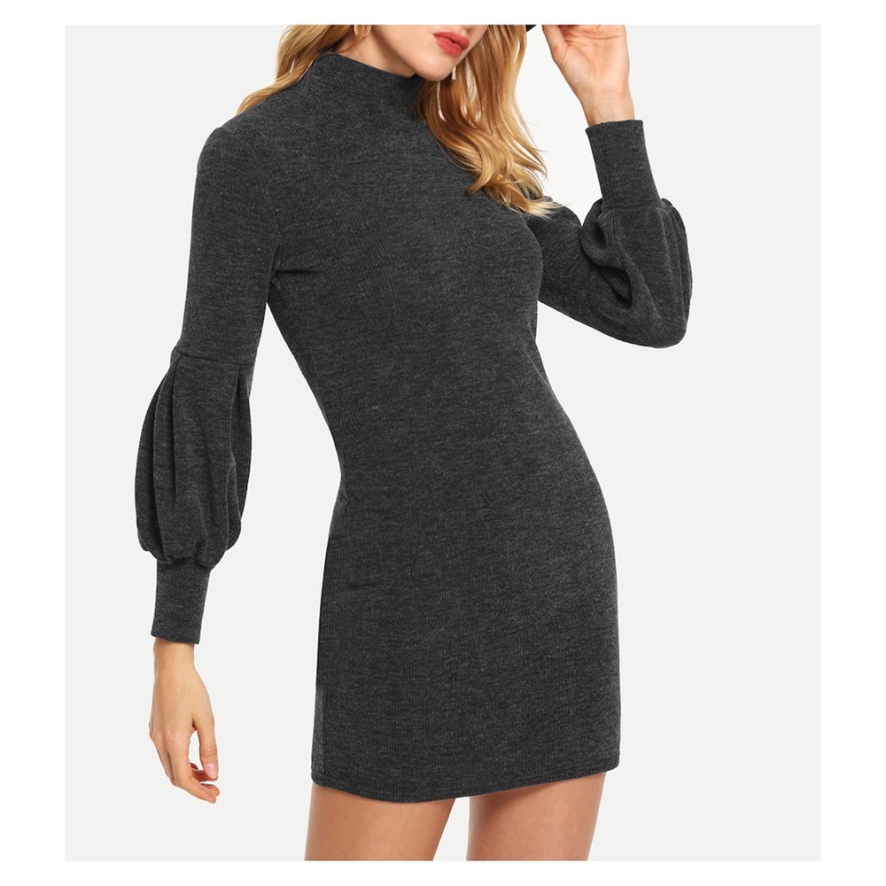 Knit Dress Grey Glitter Bishop Sleeve Bodycon